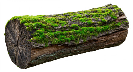 A close-up shot showcases a weathered log, its textured with rough bark and patches of vibrant green moss, evoking a sense of natural decay and the passage of time.