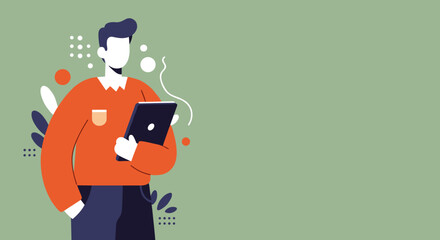 Stylish man using a digital tablet in a modern, abstract setting, symbolizing communication, technology, and contemporary digital lifestyle. Perfect for business or education.