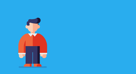 Clean flat design illustration of a standing man, orange shirt, blue pants, on a blue background. Perfect for business, tech, or lifestyle themes, with copy space.