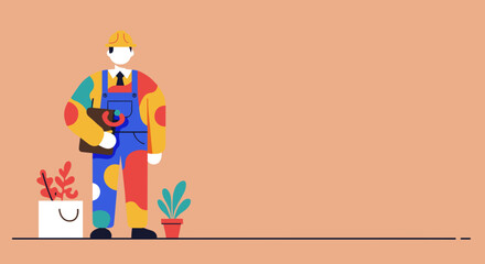 Stylized construction worker in colorful overalls and hard hat with clipboard, embodying modern engineering, building, and project management. Business and industry concept.