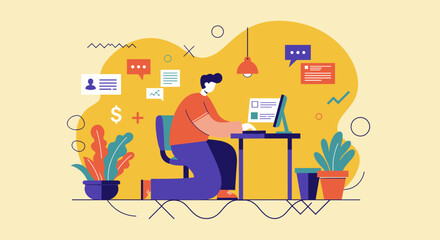 Man working diligently on computer in a dynamic digital environment, surrounded by communication and financial symbols, representing remote work and online business.