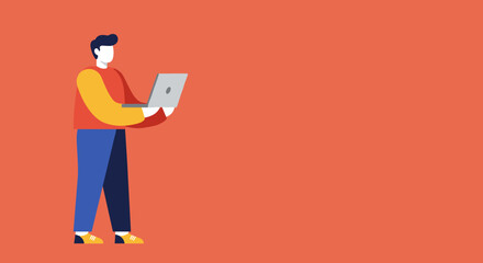 Flat design illustration of a man using a laptop, embodying concepts of digital work, online learning, and modern technology. Ideal for business.