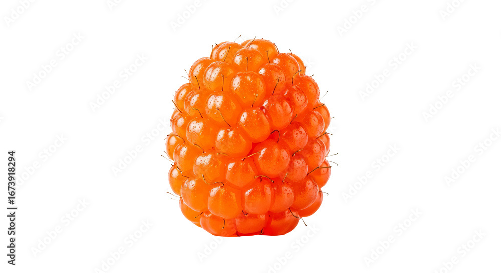 Poster golden raspberry sits alone against a plain background with even lighting and detailed texture.