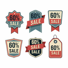 Sale 60% tags. Retail sales stickers, promotion price label and store pricing banner sticker isolated vector set