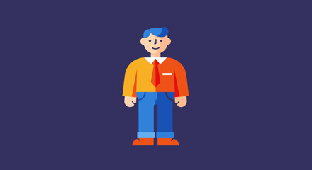 Cheerful flat design illustration of a smiling man in a colorful shirt and red tie, representing a friendly professional or employee. Ideal for business concepts.