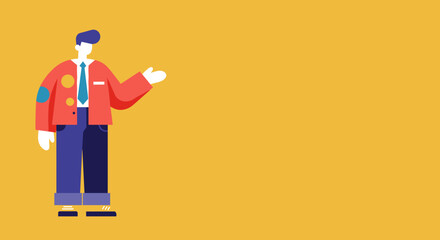 Stylized illustration of a businessman or presenter gesturing confidently against a vibrant yellow background. Ideal for business, education, or marketing concepts.