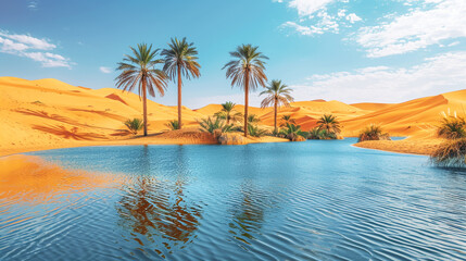 Desert oasis with palm trees and rippling water, surrounded by golden dunes.