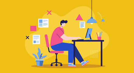 A focused man works efficiently at his desk using a computer in a modern home office setting. Ideal for themes of productivity, remote work, or online learning and business.