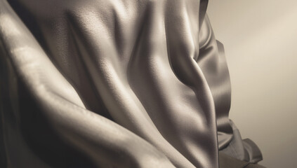 Fototapeta premium A close-up, high-end studio shot of a luxurious, silky beige fabric with rich folds and draped textures, illuminated by soft light, perfect for fashion, textile, and abstract backgrounds.
