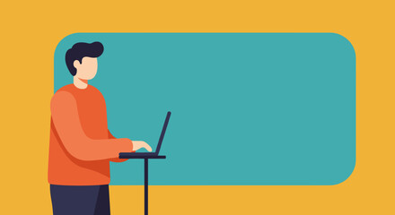 Minimalist illustration of a person using a laptop with ample copy space. Ideal for concepts like remote work, online education, presentations, and digital communication.