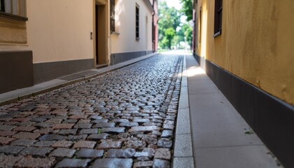 Naklejka premium A quiet, narrow cobblestone alley in a historic European city