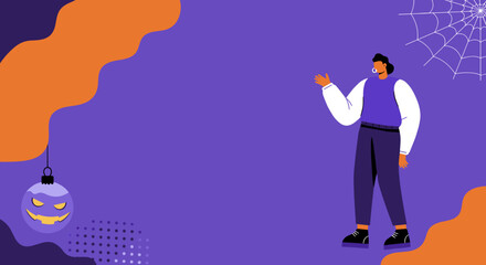 Stylized illustration featuring a person on a purple and orange background with festive Halloween decorations like a pumpkin ornament and spiderweb. Perfect for autumn holiday content.