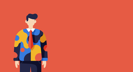 A vibrant, flat illustration of a man in an artistic, colorful jacket and red tie, symbolizing individuality and creativity in business. Ideal for modern professional concepts.