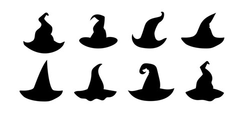 Collection of black witch hat silhouettes – whimsical and unique shapes perfect for Halloween crafts, fantasy graphics, costume designs, and magical projects.