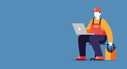 Illustration of a skilled worker with a laptop and toolbox, symbolizing modern technical services, digital solutions, and remote professional support for business.