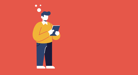 A stylized man thoughtfully uses a tablet with thought bubbles above, symbolizing digital interaction, problem-solving, or creative thinking for business and lifestyle.