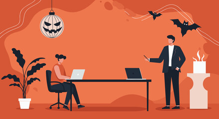 Two business professionals collaborate in an office, decorated for Halloween with a pumpkin lantern and bats, blending work with seasonal cheer.