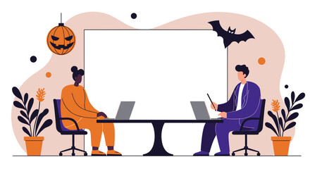 Two diverse professionals working on laptops in a festive Halloween-themed office setting, ideal for seasonal business promotions or holiday collaboration.