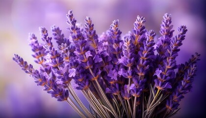 Obraz premium purple lavender bouquet a close up capture reveals a captivating bouquet of delicate purple lavender sprigs its sweet aroma almost tangible