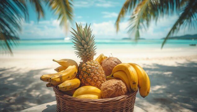 Tropical fruit basket with pineapples and coconuts on serene sandy beach