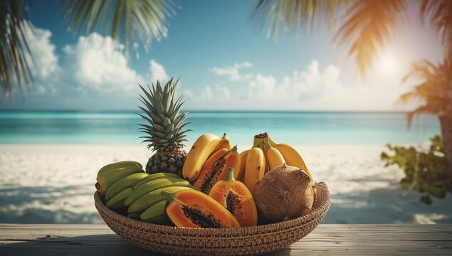 Tropical fruit basket with pineapples and coconuts on serene sandy beach