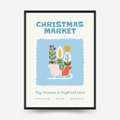 Merry Christmas and Happy New Year vertical flyer or poster template. Modern trendy Matisse minimal style. Hand drawn design for wallpaper, wall decor, print, postcard, cover, template, banner.