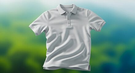 A pristine white polo shirt, expertly photographed with soft lighting, showcasing its texture and design against a blurred, verdant background, highlighting the garment's casual elegance.
