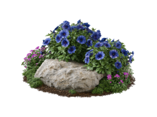 Vibrant blue petunias and pink flowers rock garden landscape, Isolated On White Background, Png Transparent