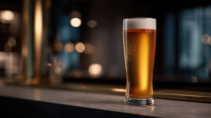 Refreshing glass of beer showcases brewing process with its golden hue and frothy head, inviting enjoyment in cozy setting