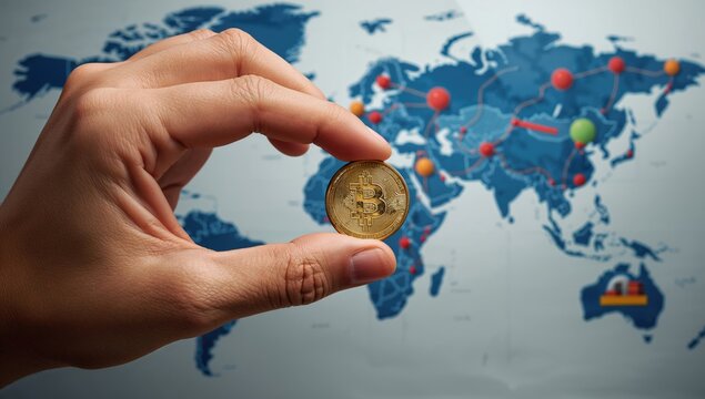 Golden bitcoin placed on world trade map under soft natural lighting