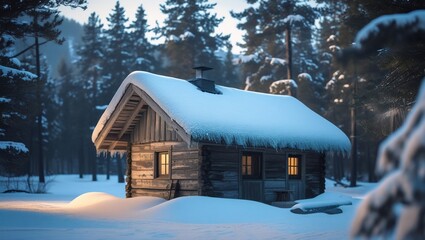 Snowcovered cabin with winter forest. (1)