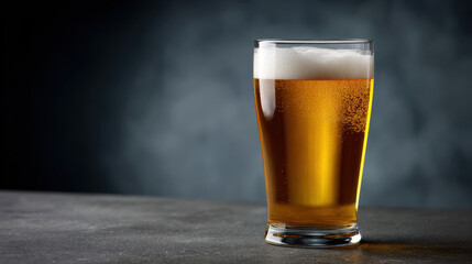 Refreshing glass of beer showcases brewing process with its golden hue and frothy head, inviting enjoyment and relaxation