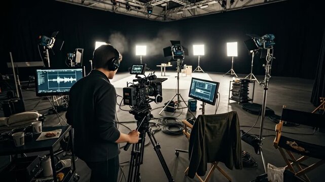 Filmmaker Shooting Cinematic Video in Studio - A young videographer operates a professional camera on a tripod in a well-lit film studio.