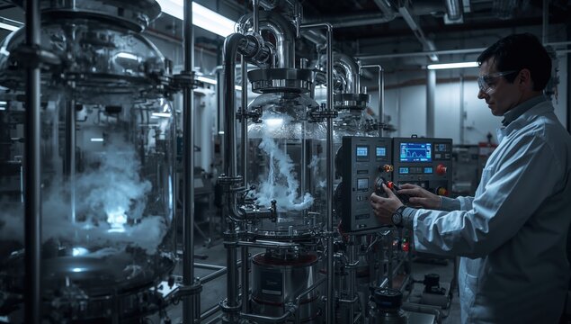 Technician adjusts chemical flow in pilot-scale lab with glass reactors and screens