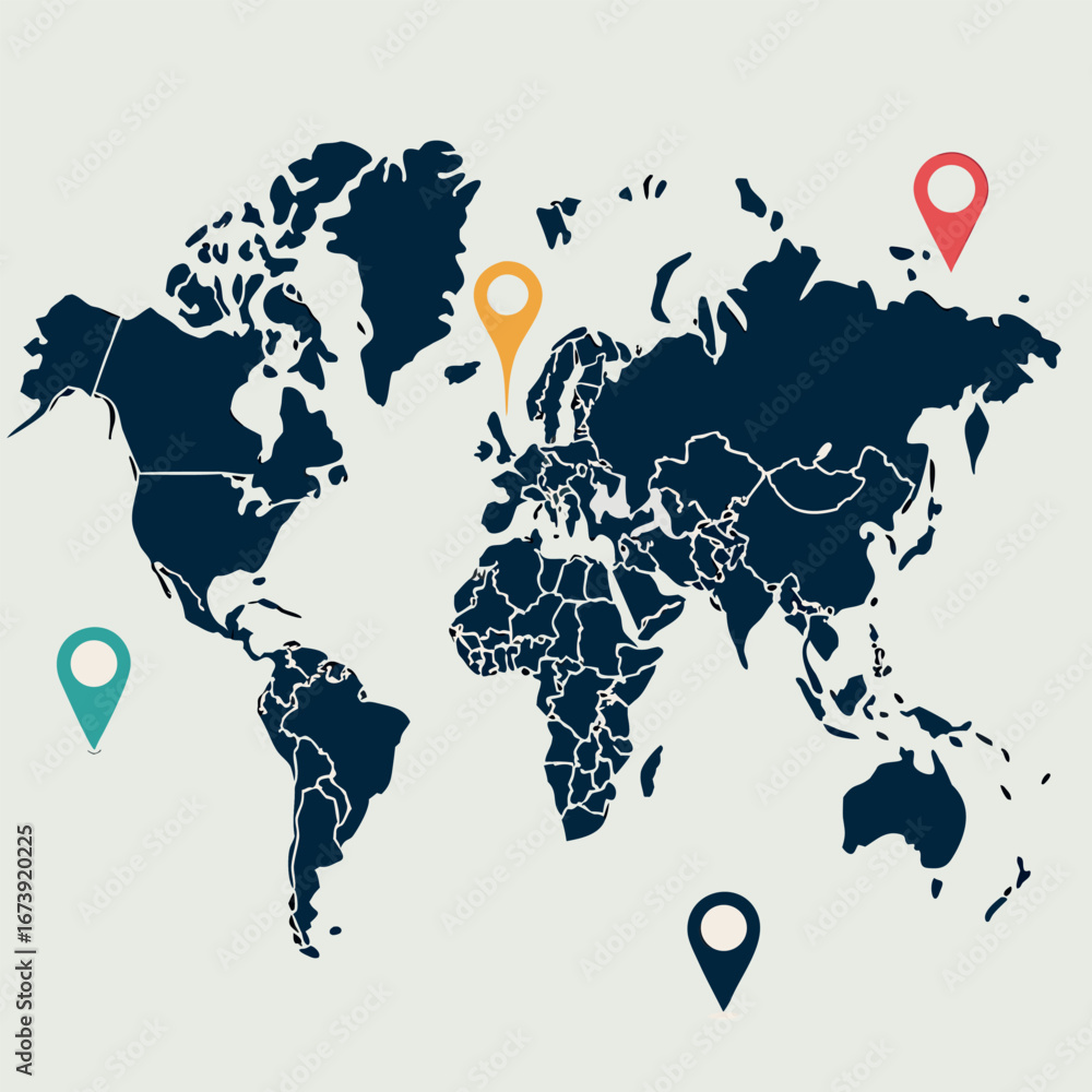Poster World map infographic with colorful location pins and data markers