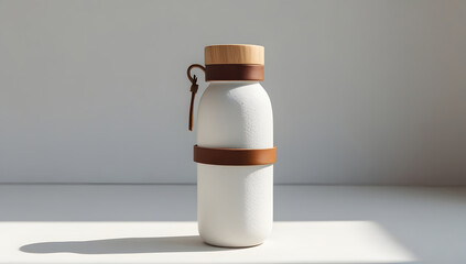 “Minimalist White Ceramic Water Bottle with Wooden Lid and Leather Strap on White Background”
