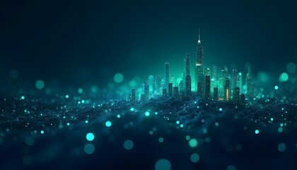 Abstract digital network with glowing blue and green nodes connected by light lines, soft gradients, no metallic shine .