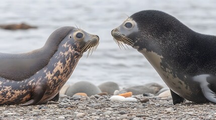 Two Leopard Seals Face to Face on Rocky Beach