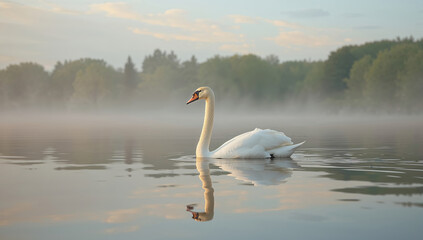 Fototapeta premium Majestic white swan glides through misty dawn lake with pastel reflections