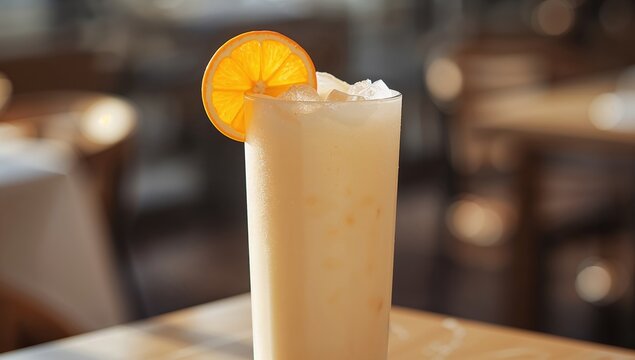 Tall frosty Morir So&ntilde;ando with orange slice glistening in warm sunlight