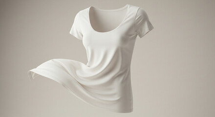 A flowing, pristine white garment, possibly a dress or blouse, is captured mid-air against a soft, neutral backdrop, showcasing its delicate fabric and elegant design.