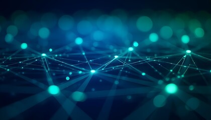 Abstract digital network with glowing blue and green nodes connected by light lines, soft gradients, no metallic shine .