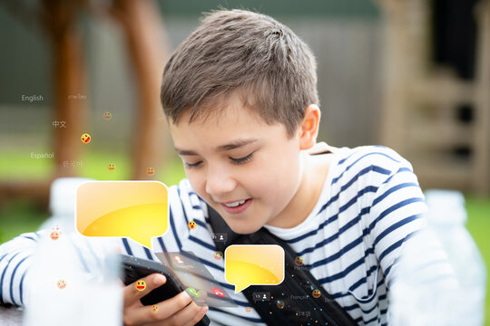 Teen boy hand using smart mobile phone with chat group friends,Gen Alpha or Teenager sharing content, sending text massages with Ai chat bot, social media icon technology communication with classmate