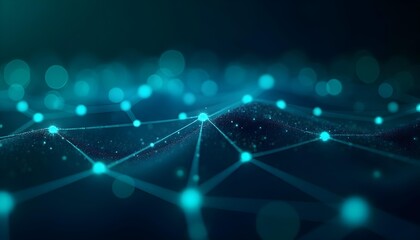 Abstract digital network with glowing blue and green nodes connected by light lines, soft gradients, no metallic shine .