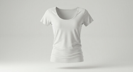A pristine white t-shirt floats gracefully against a soft, neutral background, showcasing its simple design and smooth texture with subtle shadows.