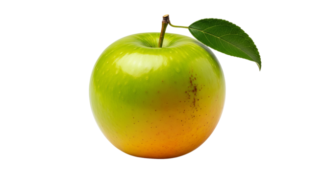 Green apple with stem and leaf displays gradient from green to orange, sitting against a isolated background.