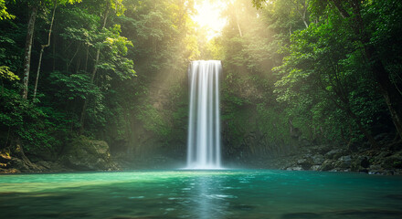 A stunning, ethereal waterfall cascades gracefully into a tranquil, turquoise pool, surrounded by lush, vibrant green foliage under a radiant, sunlit canopy.