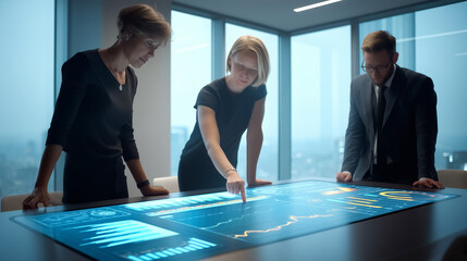 A diverse team of executives collaborates in a modern office, analyzing data on a futuristic, glowing touchscreen table to develop a new business strategy.