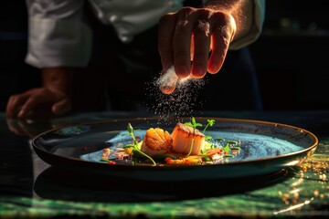 Chef Garnishing a Dish in Total Darkness: A Studio Photo of a Culinary Artist at Work.