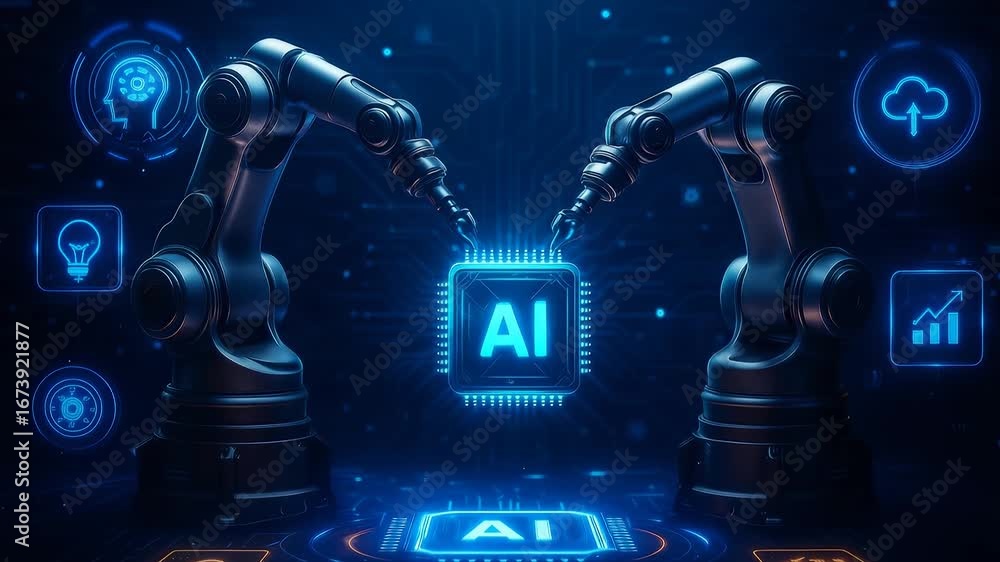 Poster robotic arms ai chip cloud icons technology innovation network data intelligence